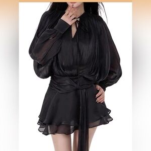 NWT DOSE Y2K luxury, Long-Sleeve Tie-Neck  ruffles mini black dress size L